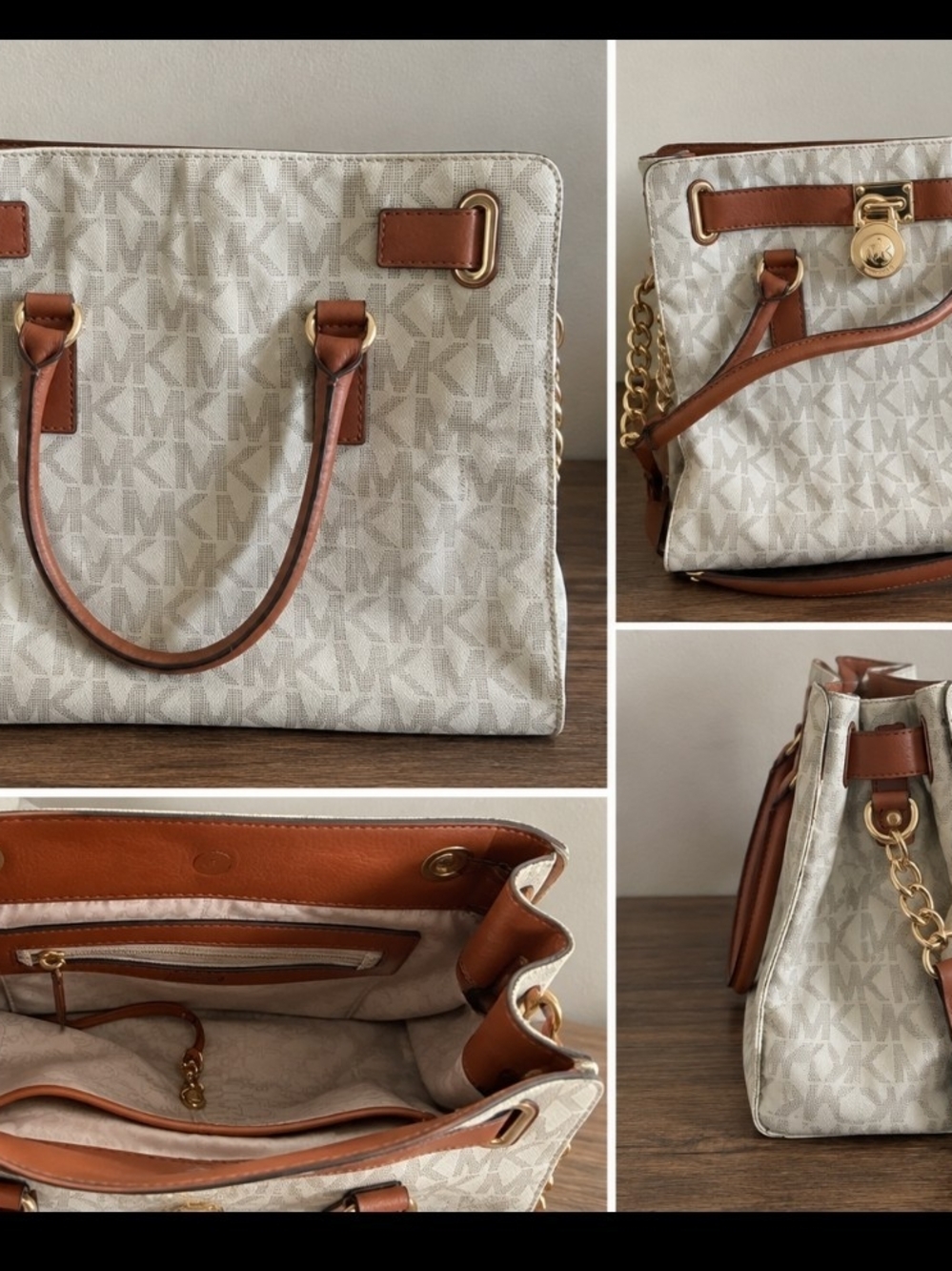 Michael Kors Beige Logo Satchel with Brown Leather Trim and Gold Hardware